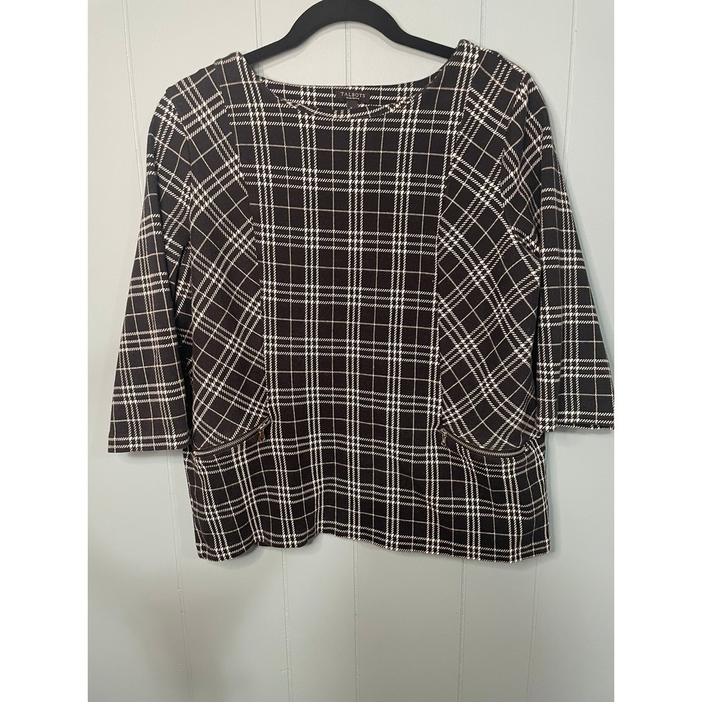 Talbots Plus‎ Petite Top Black Plaid 3/4 Sleeve Zipper Pockets